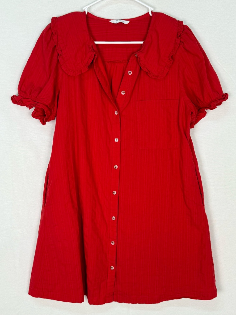 Red Button-Front Mini Dress 100% Cotton with Peter Pan Collar